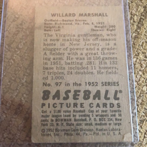 1952 Bowman Willard Marshall baseball card - Picture 2 of 3